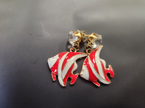 Marine Angelfish Earrings - Red White Gold Rhinestone