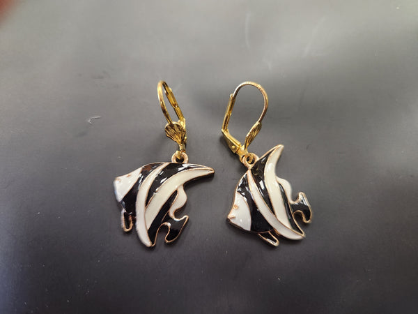 Marine Angelfish Earrings - Black White Gold