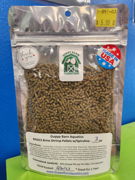 Guppy Barn Aquatics - BASICS Brine Shrimp Pellets with Spirulina (Sinking)