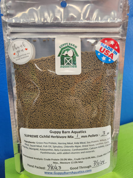Guppy Barn Aquatics - SUPREME Cichlid Herbivore Mix 1mm Pellets Food