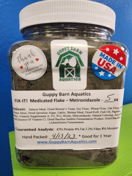 Guppy Barn Aquatics - FIX-IT!  Medicated Metronidazole Fish Flake Food