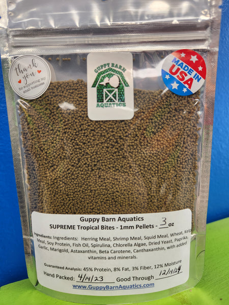 Guppy Barn Aquatics - SUPREME Tropical Bites 1mm (Sinking Pellet) Food