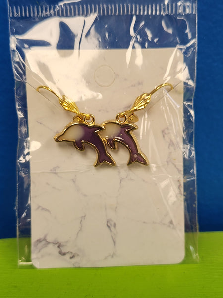 Dolphin Earrings - Gold Purple Pearl